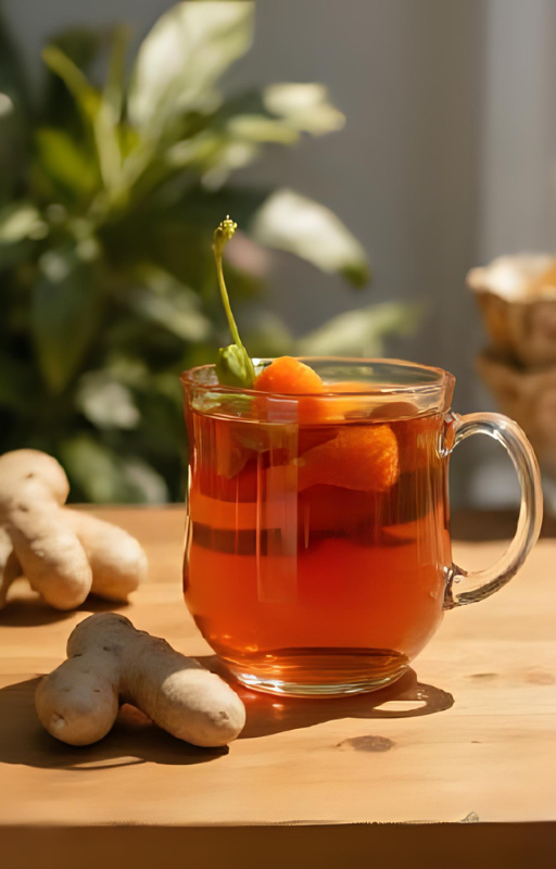 Capa de ebook com design minimalista em tons de verde, branco e laranja, exibindo uma xícara de chá sobre uma superfície de madeira branca, acompanhada de ingredientes naturais como canela, limão, anis estrelado e hortelã. O título central é "Protocolo 30 Dias de Chás Funcionais".