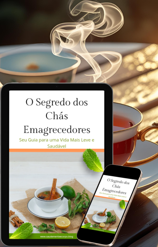 Tablet e celular mostrando o ebook “O Segredo dos Chás Emagrecedores” sobre mesa com bule de chá, xícara e folhas frescas.
