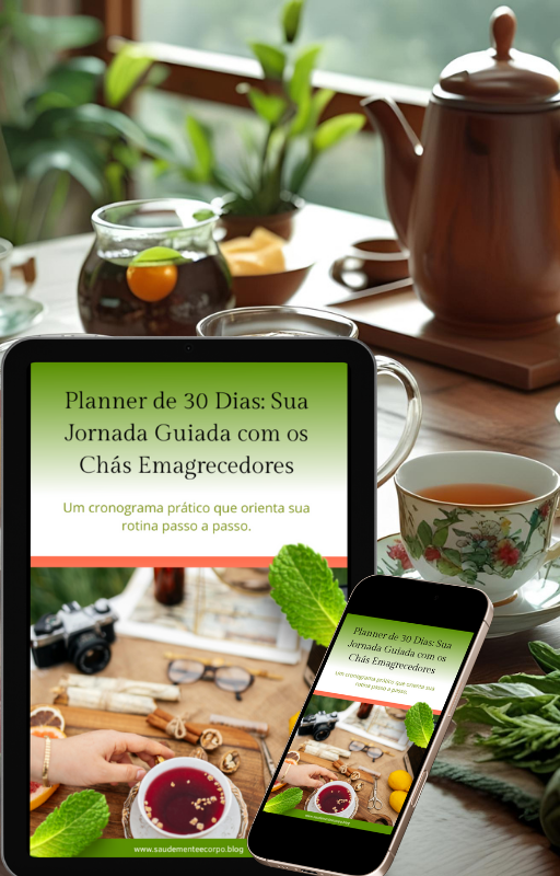 Planner digital de 30 dias com chás emagrecedores exibido em tablet e celular sobre mesa com bule de chá, xícara e folhas frescas.