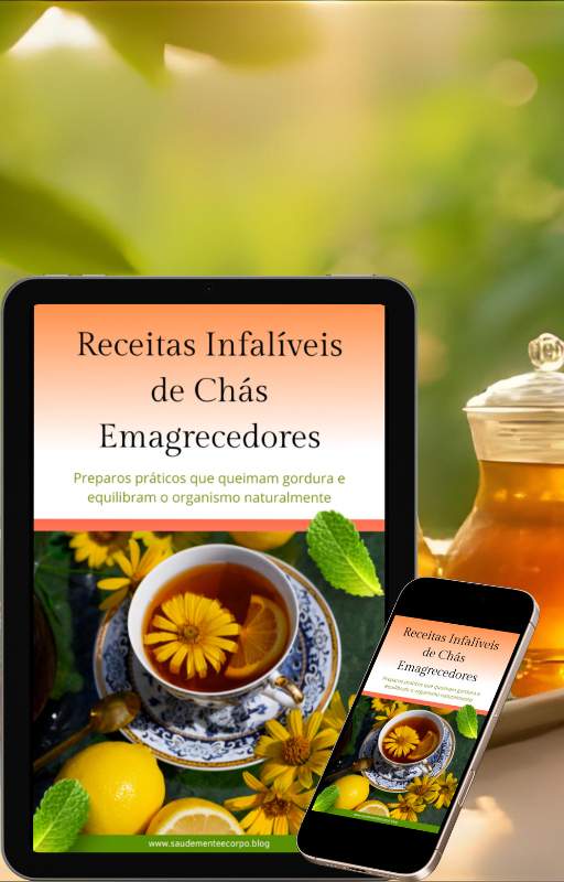 Tablet e celular exibindo ebook digital “Receitas Infalíveis de Chás Emagrecedores” ao lado de xícara de chá com flores e limão.